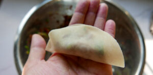 Folding a Chinese dumpling in a half moon shape