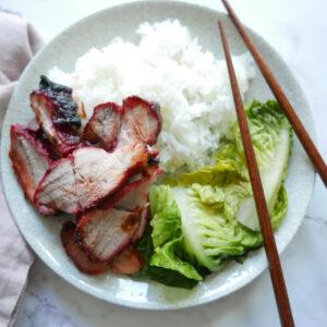 Chinese char siu pork with greens and boiled rice - Cook Simply