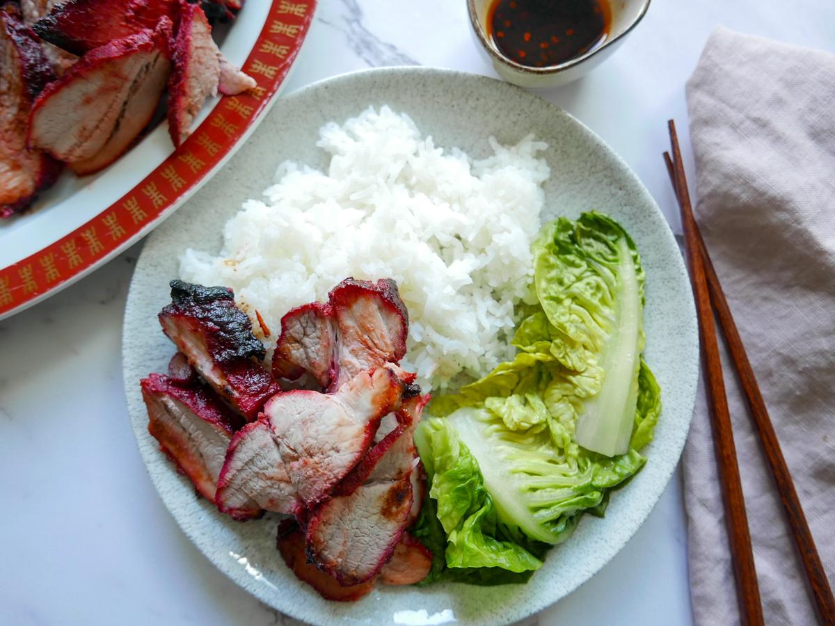 Char siu pork with rice and greens - Cook Simply