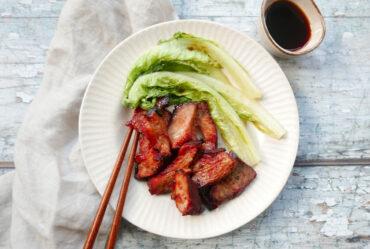 air fryer char siu pork with green vegetables and soy sauce - Cook Simply