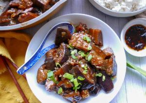 spicy braised aubergine with spring onions and chilli sauce