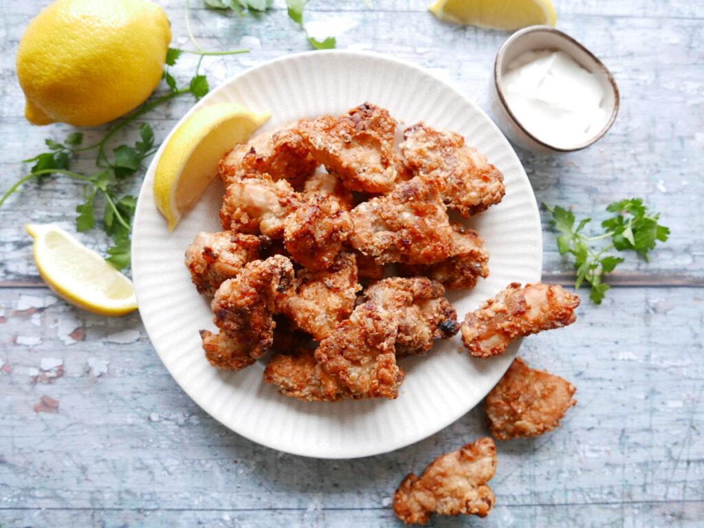 Lemon wedges and mayo with karaage chicken - Cook Simply