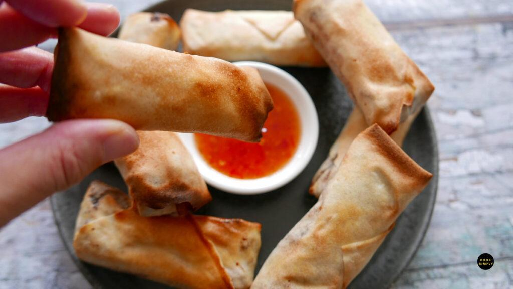 air fryer spring rolls and sweet chilli sauce - Cook Simply