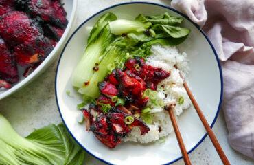 Air fryer char siu chicken with pak choi and rice - Cook Simply