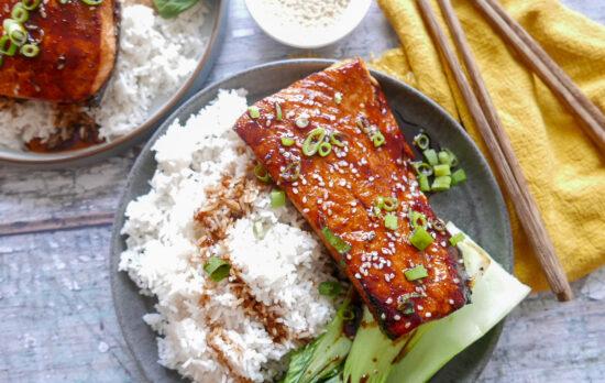 Air fryer teriyaki salmon with pak choi and boiled rice - Cook Simply