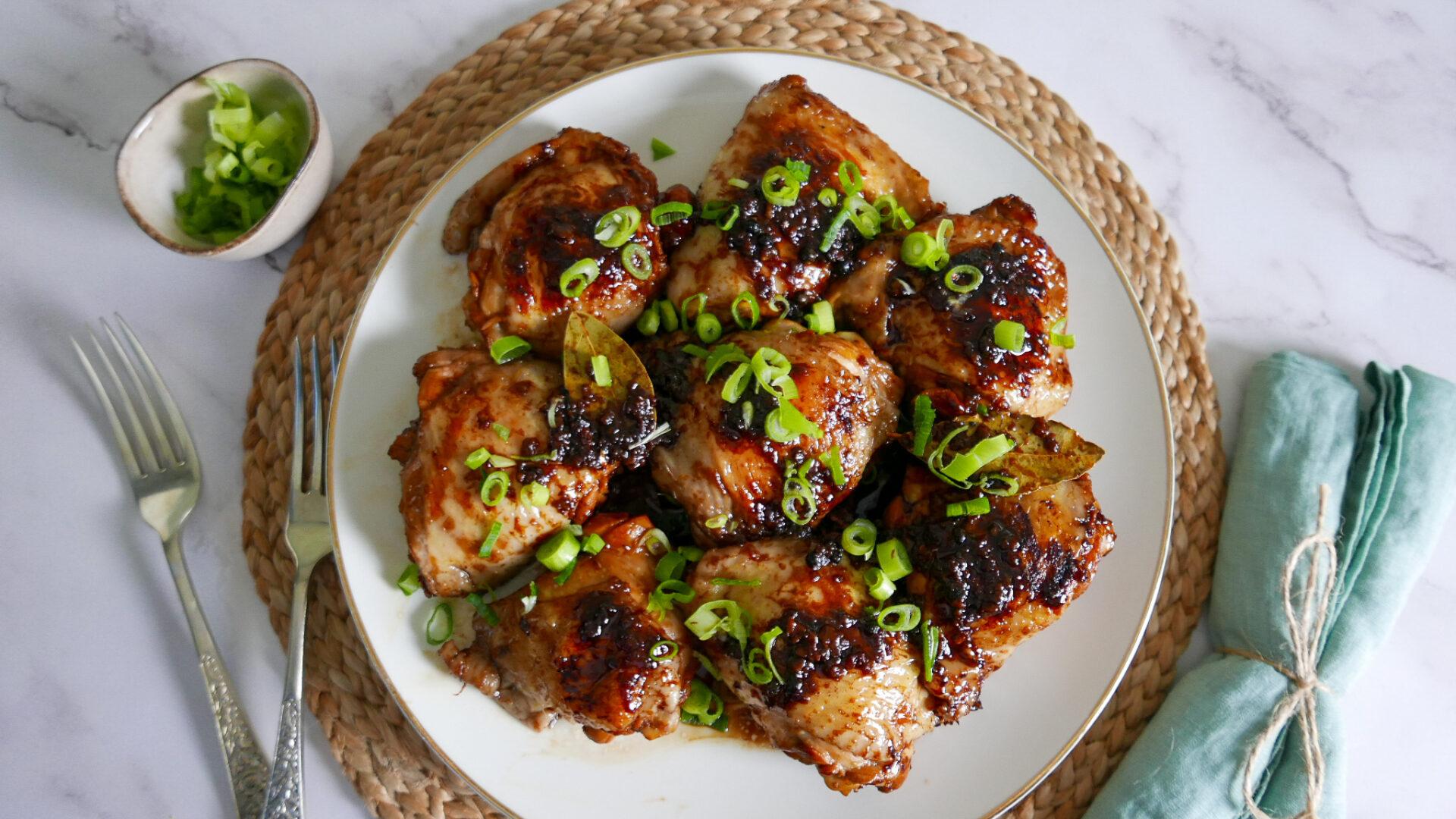 Filipino chicken adobo with rice and spring onions-Cook Simoply
