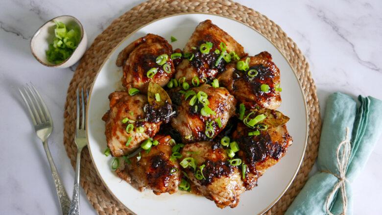 Filipino chicken adobo with rice and spring onions-Cook Simoply