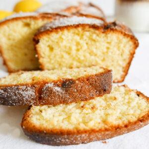 Slices of madeira loaf cake dusted in sugar-Cook Simply